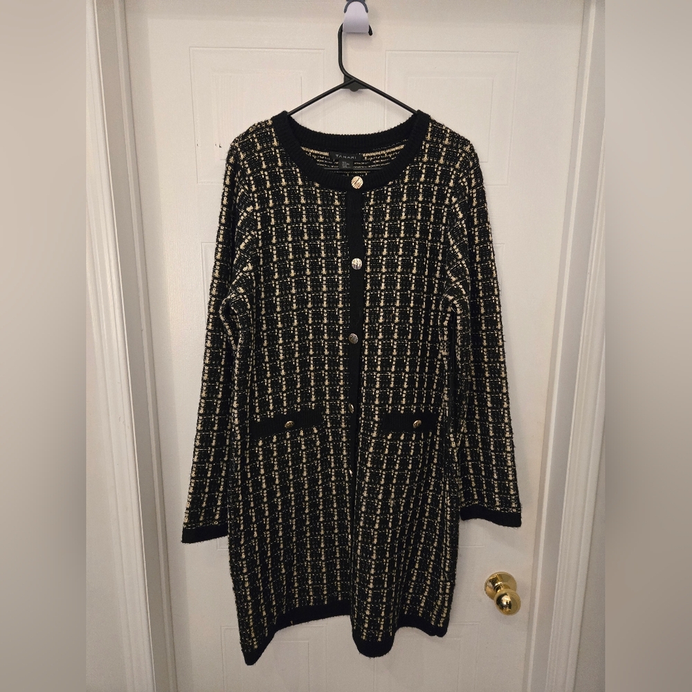 New XL Tahari Black and Gold Long Sleeve Scoop Neck Sweater Dress Faux Buttons